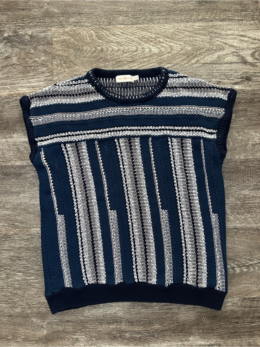 Tory Burch Women’s L/XL Navy White Striped Knit Sweater Vest Sleeveless Boho